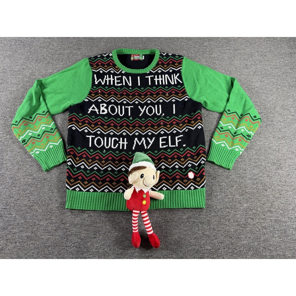 Spencers Sweater Mens Large Funny Ugly Christmas Knit Touch My Elf Crew